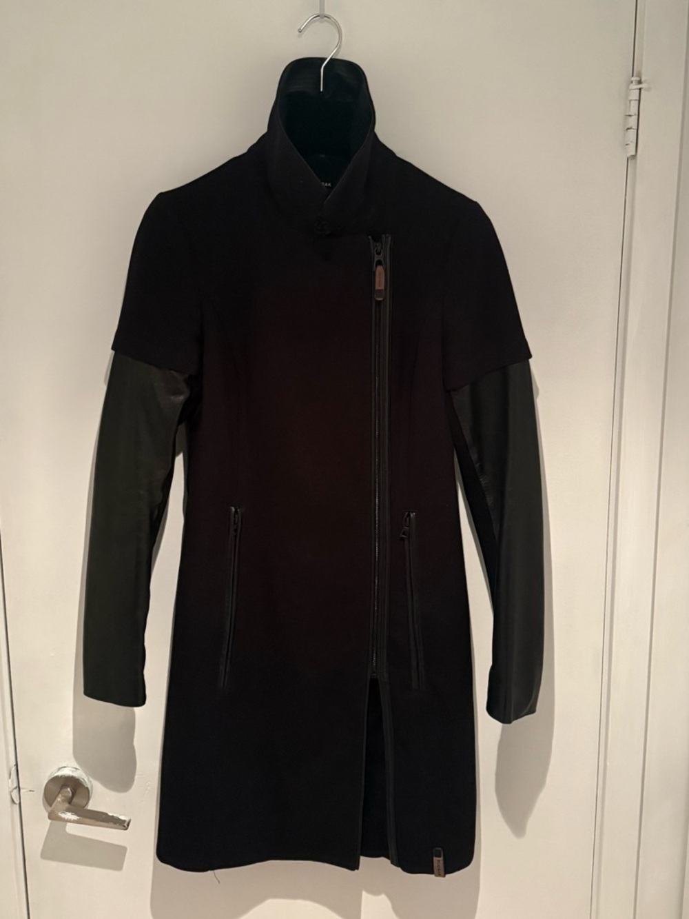 RUDSAK Black Trench Coat with Leather Sleeves
